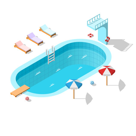 Abstract Isometric Aquapark Swimming Pool With Water Balls Sun Lounger Lifebuoy Umbrellas Relax Vacation Vector Design Styleのイラスト素材