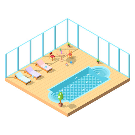 Abstract Isometric Aquapark Swimming Pool With Water Balls Sun Lounger Lifebuoy Umbrellas Relax Vacation Vector Design Styleのイラスト素材