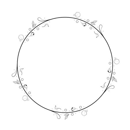Abstract Black Simple Line Round Circle With Leaf Leaves Frame Flowers Doodle Outline Element Vector Design Style Sketch Isolated Illustration For Wedding And Bannerのイラスト素材