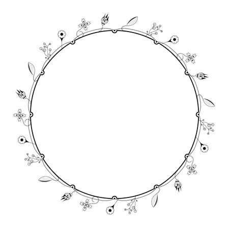Abstract Black Simple Line Round Circle With Leaf Leaves Frame Flowers Doodle Outline Element Vector Design Style Sketch Isolated Illustration For Wedding And Bannerのイラスト素材