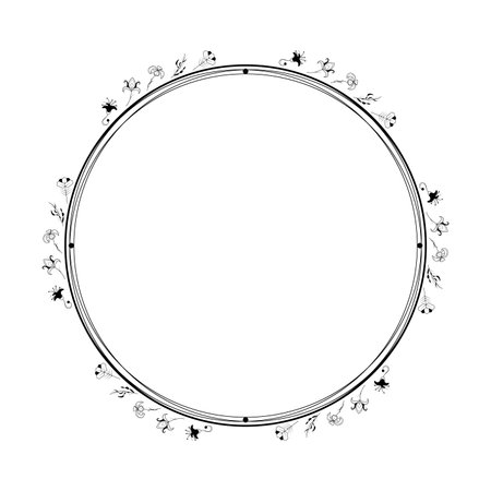 Abstract Black Simple Line Round Circle With Leaf Leaves Frame Flowers Doodle Outline Element Vector Design Style Sketch Isolated Illustration For Wedding And Bannerのイラスト素材