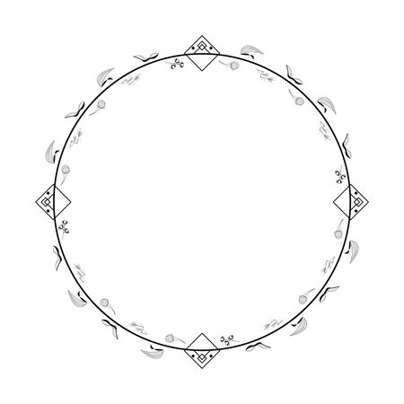 Abstract Black Simple Line Round Circle With Leaf Leaves Frame Flowers Doodle Outline Element Vector Design Style Sketch Isolated Illustration For Wedding And Bannerのイラスト素材