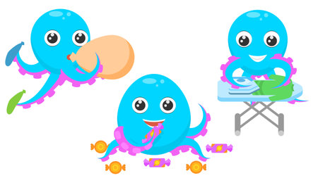 Set Abstract Collection Flat Cartoon Different Animal Blue Octopus Vector Design Style Elements Fauna Wildlifeのイラスト素材