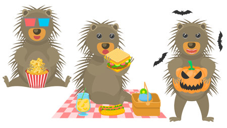 Set Abstract Collection Flat Cartoon Different Animal Porcupine Vector Style Elements Fauna Wildlifeのイラスト素材