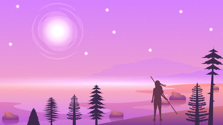 Abstract Background Ninja Warrior Sun Trees Stars Mountains Person Light Silhouette People Vector Design Styleのイラスト素材