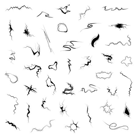 Set Black Collection Simple Line Cracked, Damaged, Hole, Earthquake, Destruction Doodle Outline Nature Element Vector Design Style Sketch Isolated Illustrationのイラスト素材