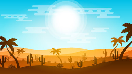Abstract Desert Background Summer With Sun, Sand, Clouds, Mountains Vector Design Style Nature Landscapeのイラスト素材