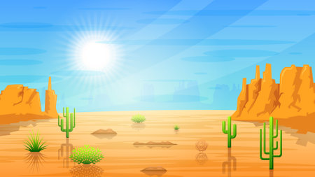 Abstract Desert Background Summer With Sun, Sand, Clouds, Mountains Vector Design Style Nature Landscapeのイラスト素材
