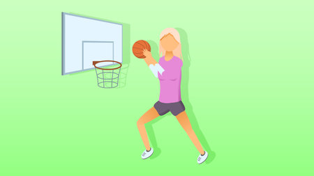 Abstract Flat Girl Doing Exercises Playing Basketball Sport Cartoon People Character Concept Illustration Vector Design Styleのイラスト素材