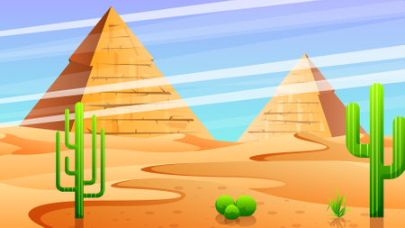 Abstract Desert Background Summer With Sun, Sand, Clouds, Mountains, Cactus, Pyramids Vector Design Style Nature Landscapeのイラスト素材