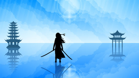 Abstract Background Ninja Warrior Sun Clouds Person Light Silhouette Water People Vector Design Styleのイラスト素材