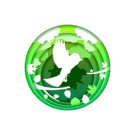Green Abstract Paper Cut Design Elements Vector Background Bird On Tree Branch Origami Concept Silhouette Nature Forest Ecoのイラスト素材