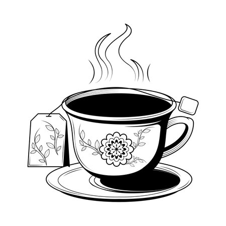 Abstract Hand Drawn Kitchen Stuff A Cup Of Tea With Bug Of Tea Doodle Concept Vector Design Outline Style On White Background Isolated For Cookingのイラスト素材