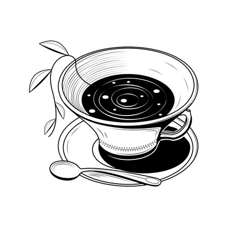 Abstract Hand Drawn Kitchen Stuff A Cup Of Tea With A Leaves And Spoon Doodle Concept Vector Design Outline Style On White Background Isolated For Cookingのイラスト素材