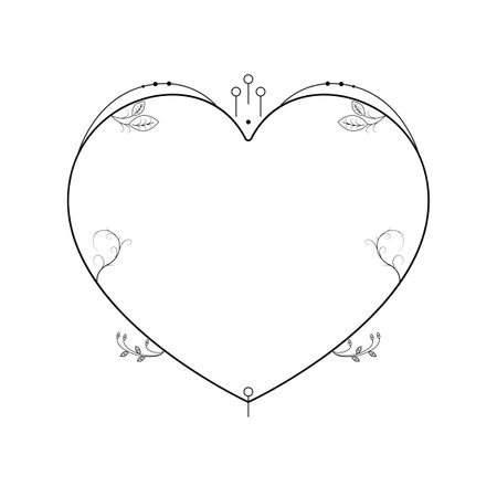 Abstract Hand Drawn Frame Heart With Plants Doodle 14 February Holiday Concept Vector Design Outline Style On White Background Isolated Letter, Message, Mail, Cards, Postersのイラスト素材