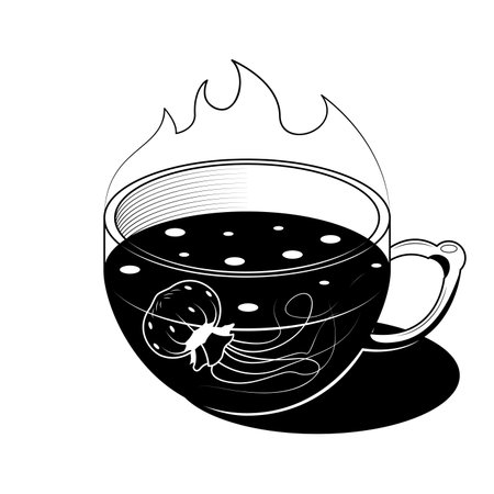 Abstract Hand Drawn Kitchen Stuff A Cup Of Tea With A Jellyfish Doodle Concept Vector Design Outline Style On White Background Isolated For Cookingのイラスト素材