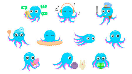 Set Abstract Collection Flat Cartoon Different Animal Blue Octopus Vector Design Style Elements Fauna Wildlifeのイラスト素材