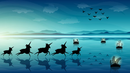 Abstract Dark Sky Background Vector Silhouette With Mountains Clouds Birds Plants Unicorns Design Styleのイラスト素材