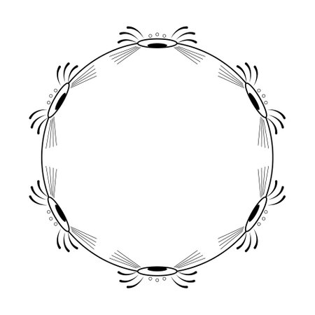 Abstract Black Simple Line Round Circle With Leaf Leaves Frame Flowers Doodle Outline Element Vector Design Style Sketch Isolated Illustration For Wedding And Bannerのイラスト素材