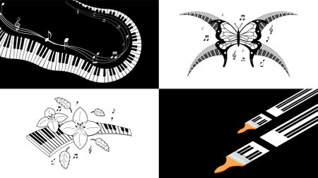 Set Abstract Collection Piano Keys Music Keyboard Instrument With Plants Brunch Botanical Doodle Outline Melt Song Melody Vector Design Styleのイラスト素材