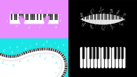Set Abstract Collection Piano Keys Music Keyboard Instrument With Plants Brunch Botanical Doodle Outline Melt Song Melody Vector Design Styleのイラスト素材