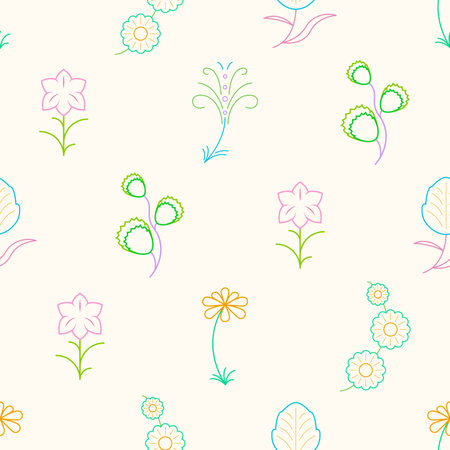 Abstract Doodle Seamless Pattern Plants Branch Botanic Leaf Leaves Herb Nature Background Decoration Vector Design Style For Prints Textiles, Clothing, Gift Wrap, Wallpaper, Pastelのイラスト素材