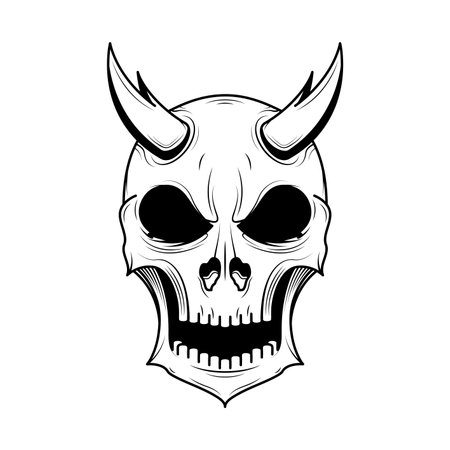 Abstract Black Simple Line Skull With Horns Devil Hell Inferno Skeleton Doodle Outline Element Vector Design Style Sketch Isolated On White Background Illustration Bones, Botanicのイラスト素材