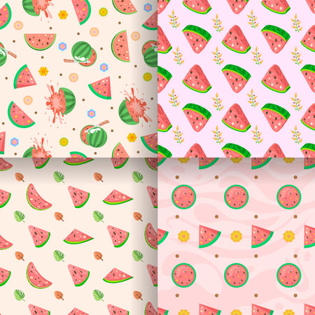 Set Seamless Collection Pattern Abstract Elements Fruits Food Watermelon Vector Design Style Background Illustration Texture For Prints Textiles, Clothing, Gift Wrap, Wallpaper, Paのイラスト素材