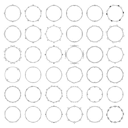 Set Abstract Collection Black Simple Line Round Circle With Leaf Leaves Frame Flowers Doodle Outline Element Vector Design Style Sketch Isolated Illustration For Wedding And Bannerのイラスト素材