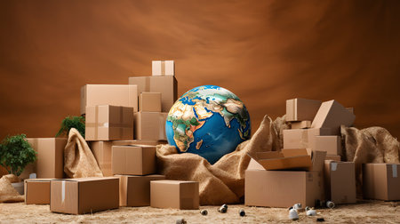 Globe and cardboard boxes on a brown background. Global business conceptの素材