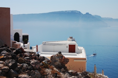 Village landscape in Oia (Santorini island, Greece)の写真素材