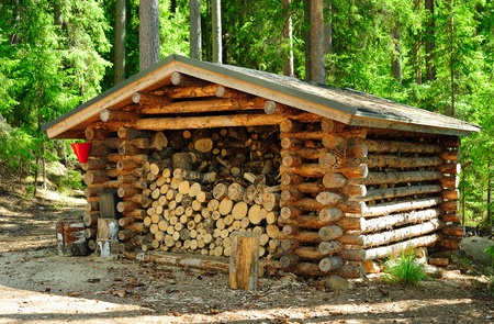 Stack of wood for tourists in the large parkの写真素材