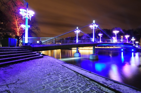 Night bridge over Aura river in Turkuの写真素材