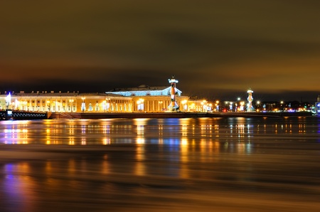 Beautifully decorated Old Saint Petersburg Stock Exchange and Rostral Columns, view from the Neva riverのeditorial素材