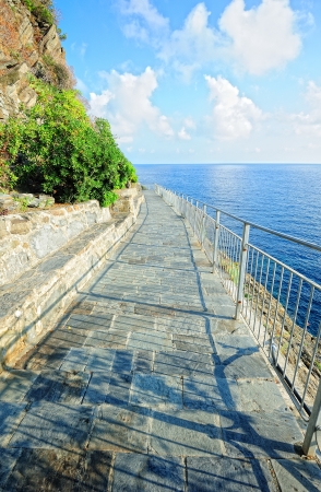 Ligurian coastal path landscape on Via dell'Amore in the National park of Cinque Terre, Italyの写真素材