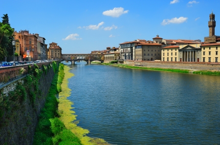 View to the Arno river and Ponte Vecchio (Old Bridge) in Florence, Italyの写真素材