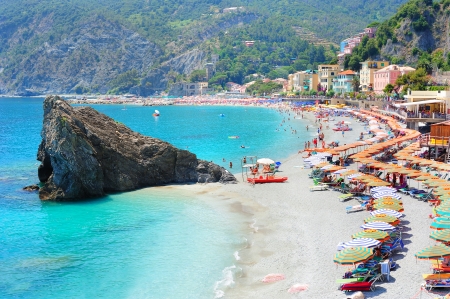 Beach in Italian village Monterosso in the national park of Cinque Terreの写真素材