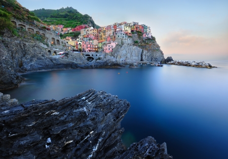 Serene landscape with Italian village Manarola at daybreakの写真素材