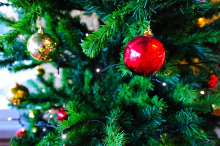 Christmas tree with yellow and red ornaments