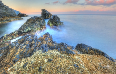 Rocky landscape in the morning mist (Manarola, Cinque Terre - Italy)の写真素材