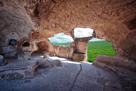 Ancient Byzantine temple in medieval cave town Eski-Kermen located on peninsula of Crimeaの写真素材