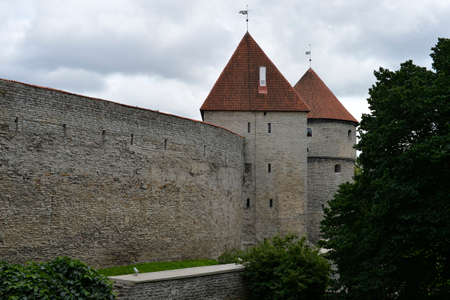 August, 2015  -  Old city of Tallinn, Estonia. Under the wall of old Talllinn -  the medieval defensive construction around the city.のeditorial素材