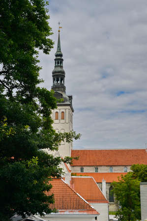 Old stoned streets, houses and red roofs of old Tallinn in the summer day.のeditorial素材