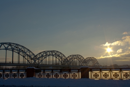 Train bridge in front of the skyの写真素材