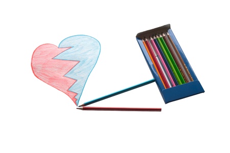 Painted heart with pack of pencilsの写真素材