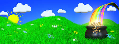 Place where rainbow is ending - panoramic version. Good for using as site headerの写真素材