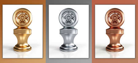Collection of gold, silver and bronze wheel awards isolated on white backgroundの写真素材