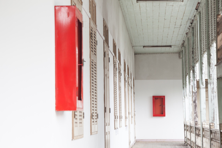 Cabinets for fire extinguishers in abandoned buildingの写真素材