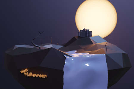 Low Poly land of halloween party. Polygonal land with full moon, render from 3d.の写真素材