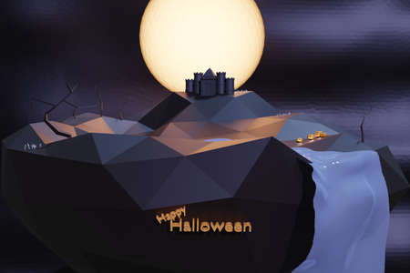 Low Poly land of halloween party. Polygonal land with full moon, render from 3d.の写真素材